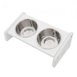HOBBYZOO Stainless Steel Double Bowl Non Slip Small Twin Pet Cat Dog Bowl with 20 Degree Tilt Design for Cats and Small Dogs White