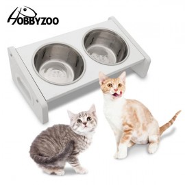 HOBBYZOO Stainless Steel Double Bowl Non Slip Small Twin Pet Cat Dog Bowl with 20 Degree Tilt Design for Cats and Small Dogs White